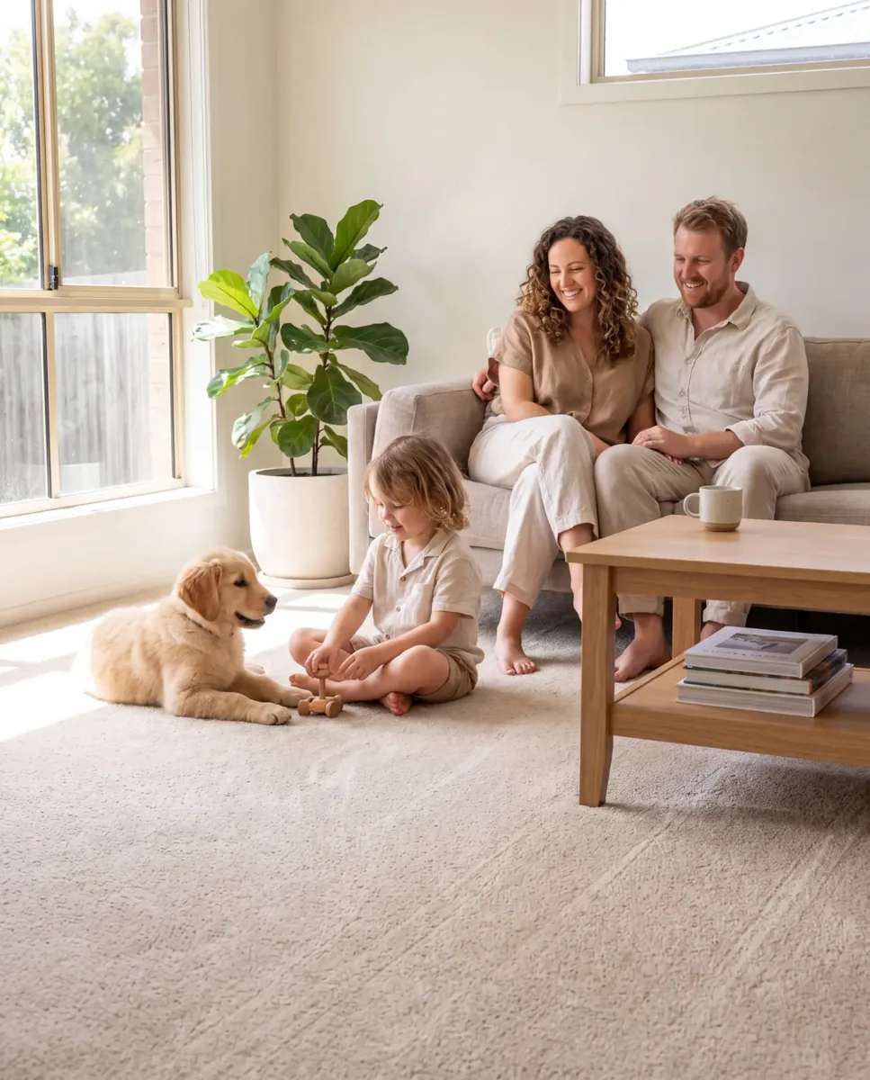 Family relaxing on a freshly cleaned carpet with their dog
