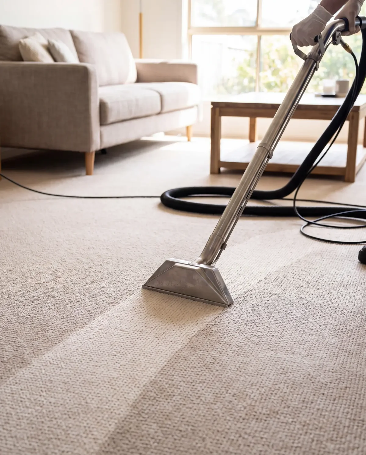 Professional hot-water extraction carpet cleaning in a Brisbane living room