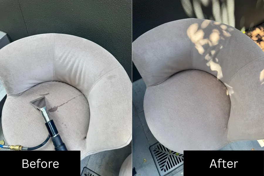 Before and after of a stained upholstered chair cleaned with extraction equipment