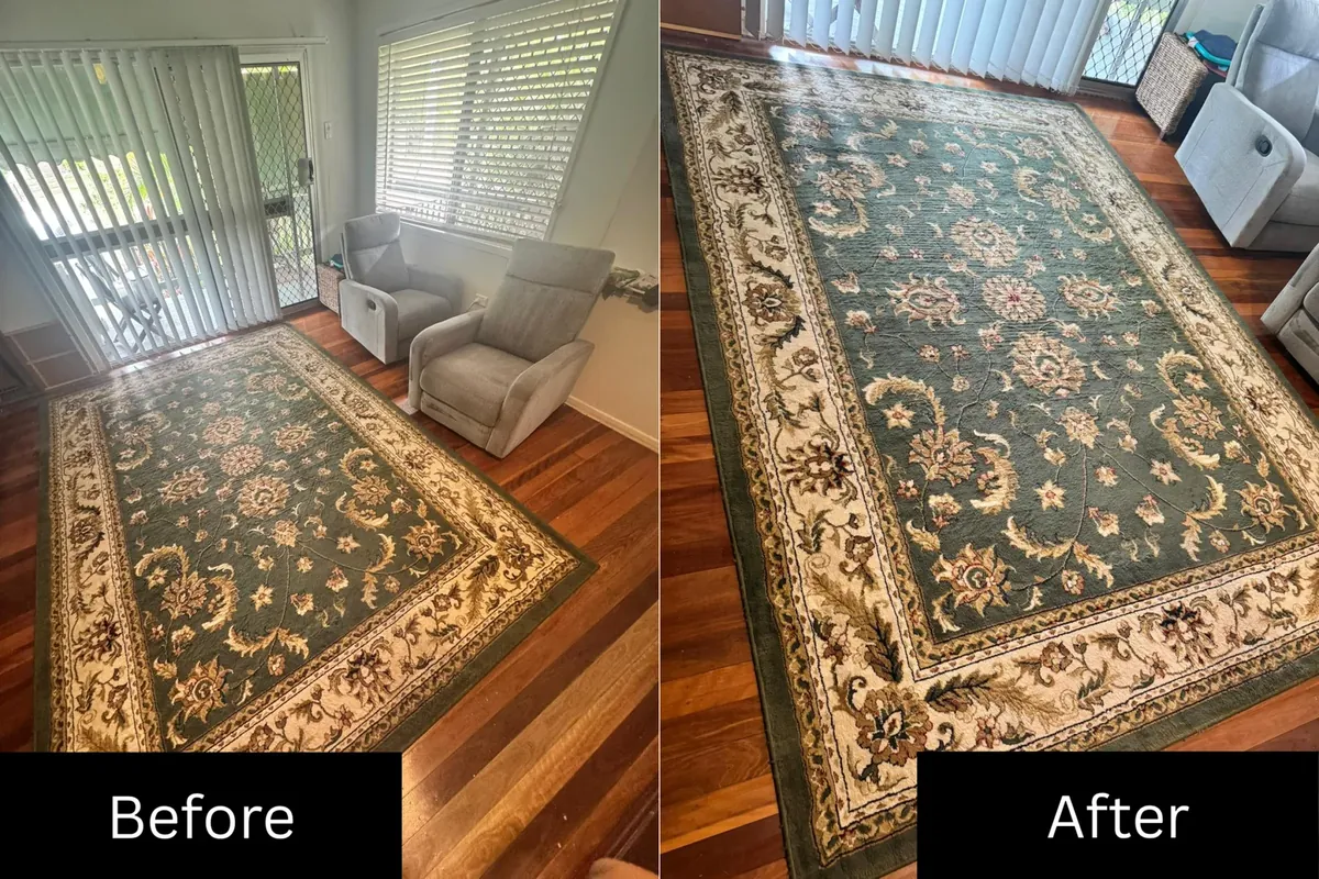 Before and after rug cleaning showing a dull dirty rug transformed to vibrant clean colours by PCG Experts