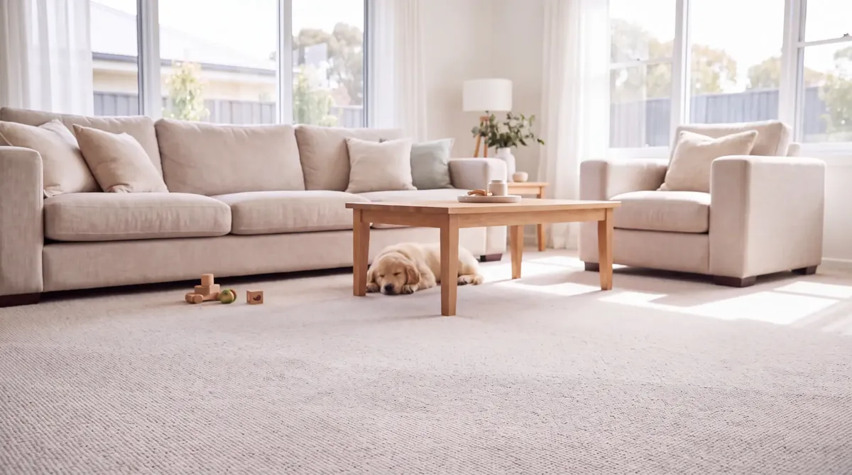Bright, freshly cleaned living room carpet with comfortable sofas and a relaxed family dog