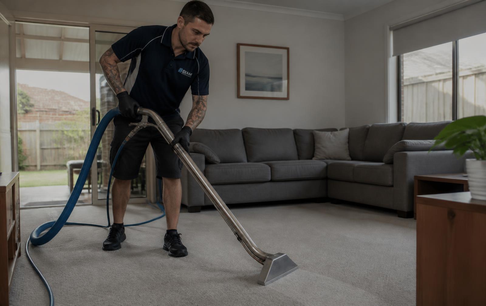 PCG Experts technician steam cleaning a living room carpet in a Brisbane home